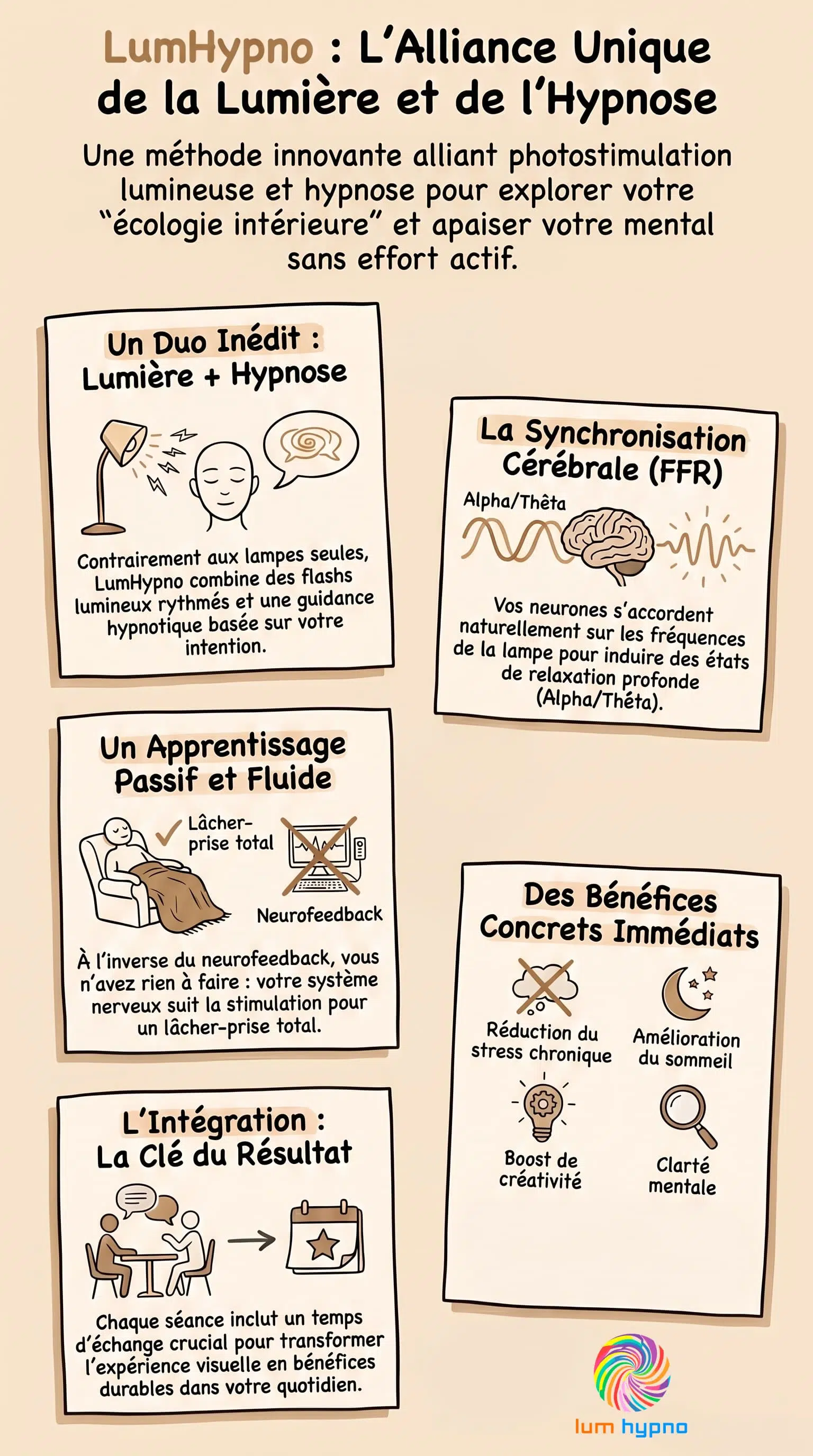 Infographie sur la lampe hypnagogique, la photostimulation lumineuse et l'hypnose